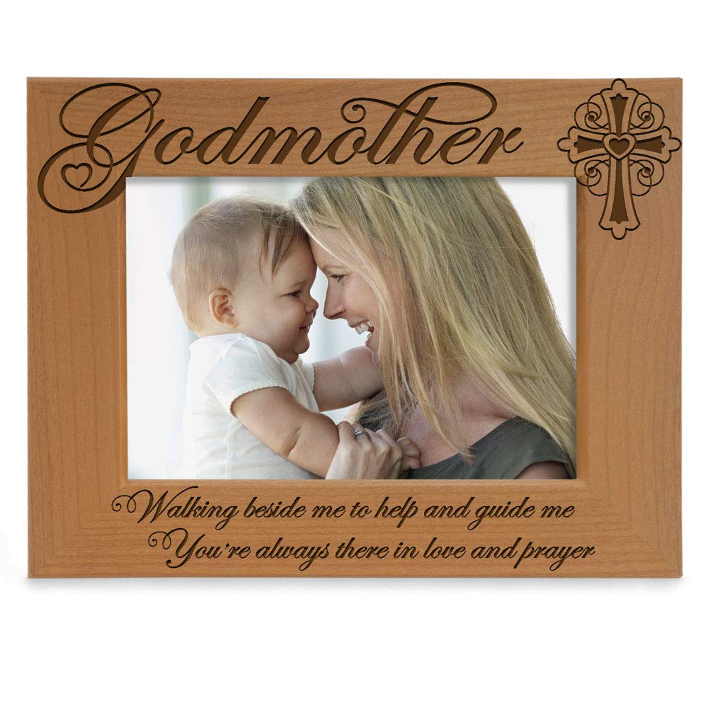 KATE POSH - Godmother Engraved Natural Wood Picture Frame, Cross Decor, Godmother Gift from Godchild, Baptism Gifts, Religious C
