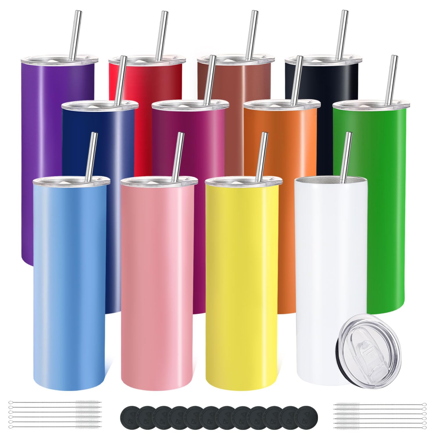 Youke Ola 12 Pack Stainless Steel Skinny Tumblers 20Oz  Bulk Straight Double Wall Vacuum Insulated Tumbler With Lid And Straw &