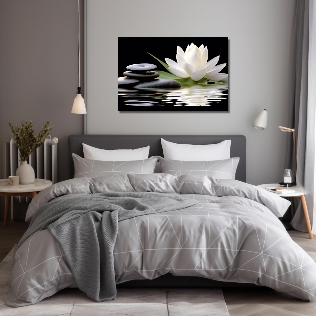 Lzimu Zen Canvas Wall Art White Lotus And Black Zen Stones Bloom In Water Picture Prints For Yoga Spa Meditation Spiritual Room