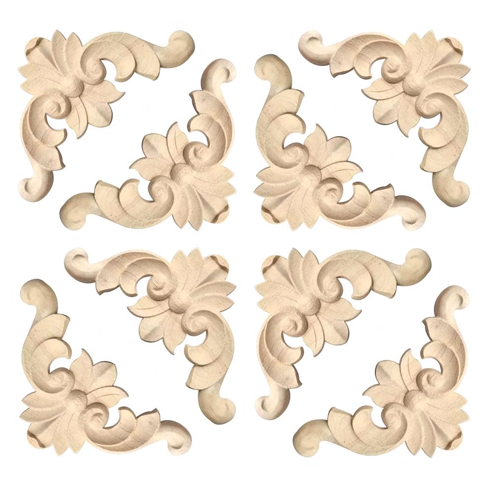Aiminjey 20 Pcs Decorative Wood Flower Carved Appliques Corner Onlay Diy Unpainted Solid Wooden Carved Corner Decal For Furnitur