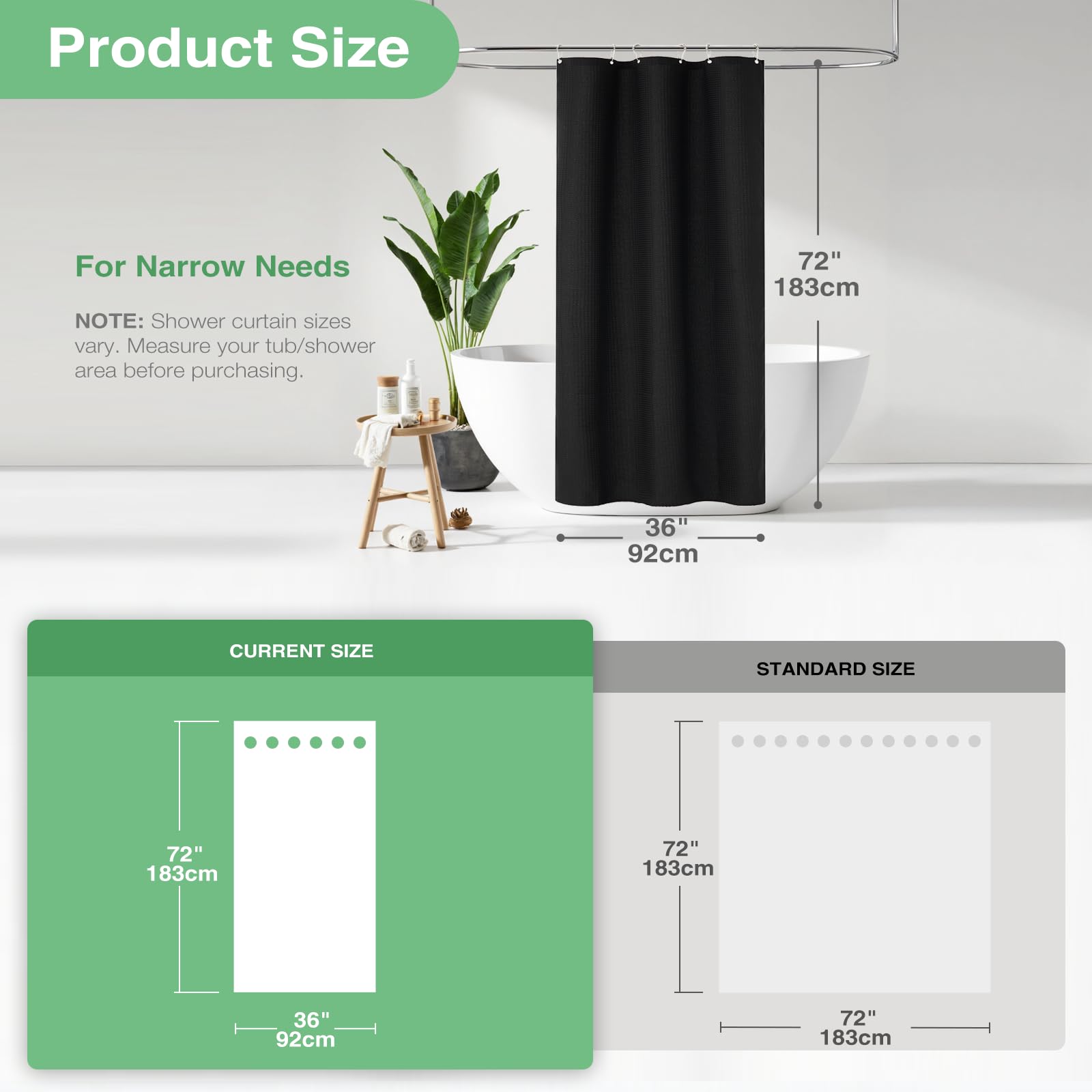 Dynamene Extra Wide Shower Curtain - 180 Inch Wide Waffle Weave Weighted Thick Cloth Bathroom Shower Curtain  Neutral Heavy Duty Hotel Bath Curtain Set with 32 Plastic Hooks 180x72  Black