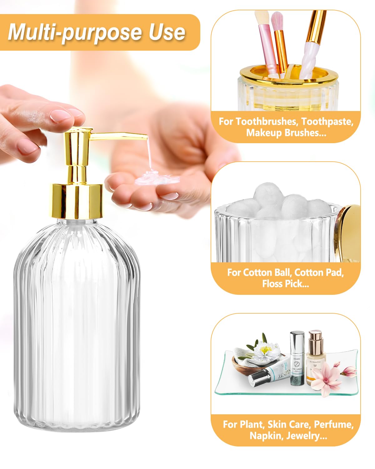 Gold Bathroom Accessories Set, 4Pcs Clear Glass Bathroom Accessory Sets Complete Of Soap Dispenser, Toothbrush Holder, Apothecar