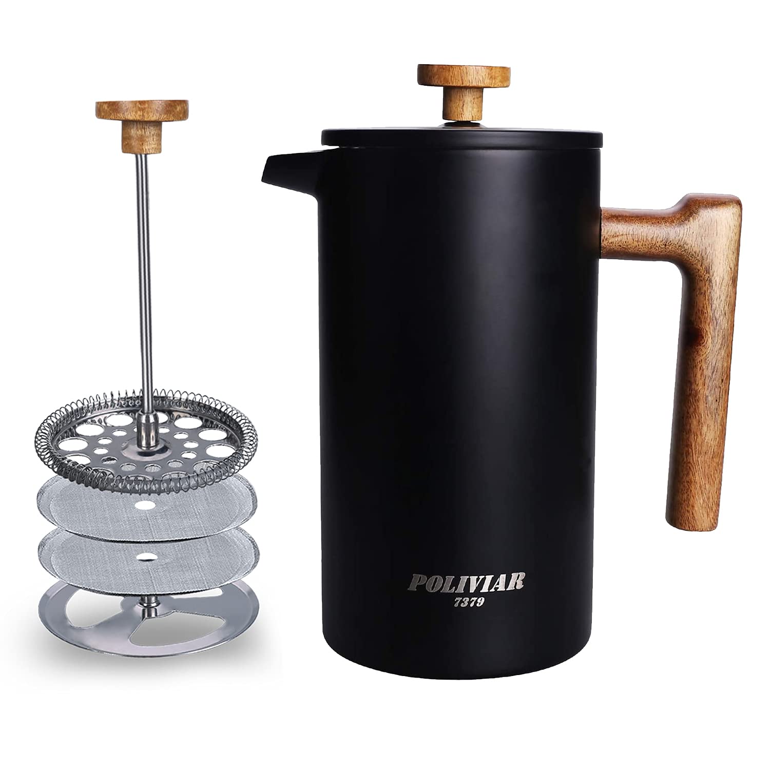 POLIVIAR French Press Coffee Maker, 34 oz Coffee Press with Real Wood Handle, Double Wall Insulation & Dual-Filter Screen, Food 