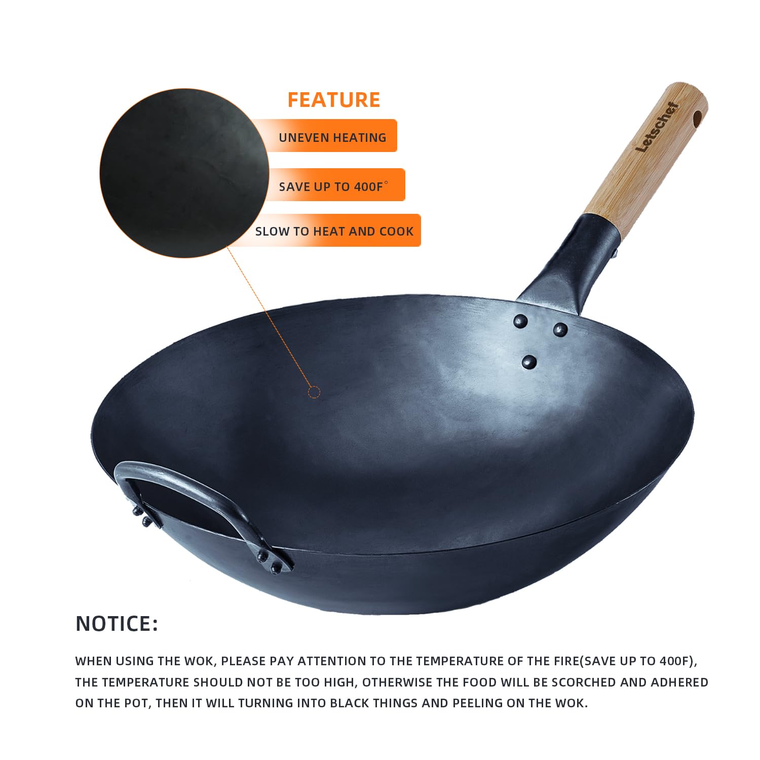 Letschef Preseasoned Carbon Steel Wok 14 Inches Hand Hammered Chinese Traditional Wok And Stir Fry Pan Round Bottom With Bamboo
