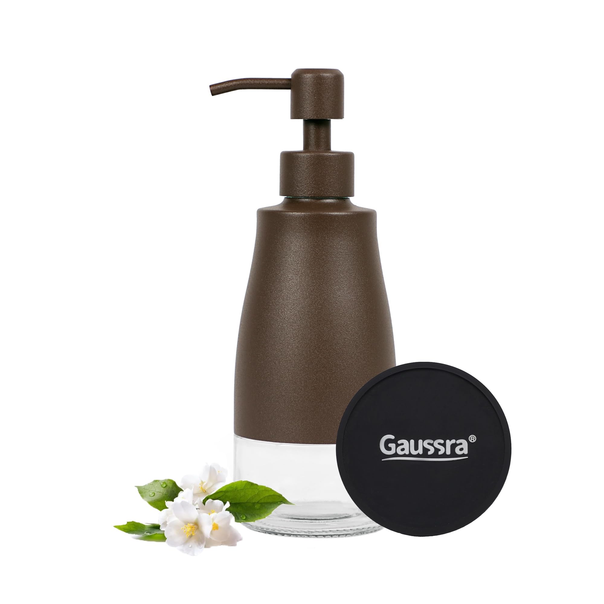 Gaussra Bronze Soap Dispenser with Coaster and Stickers, Stainless Steel and Glass Bottle Hand Pump Dispenser, Refillable Liquid
