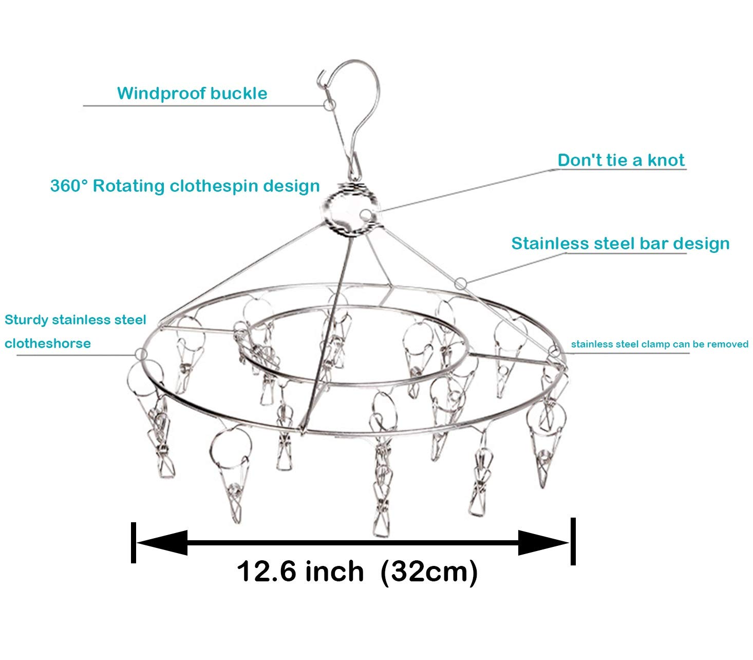 CenYouful Stainless Steel Round Hanging Drying Rack with 20 Clips for Drying Socks  Baby Clothes  Bras  Towel  Underwear  Hat  Scarf  Pants  Gloves