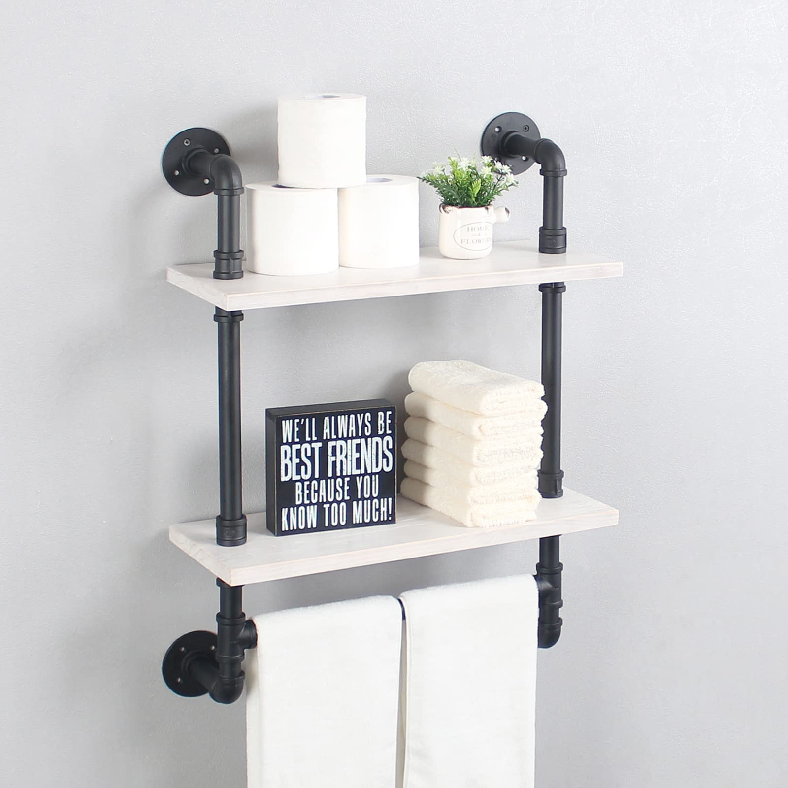 Mbqq Bathroom Shelves,19.6In Rustic Wood Shelf With Towel Bar,2 Tier Farmhouse Towel Rack Over Toilet,Pipe Shelving Floating She