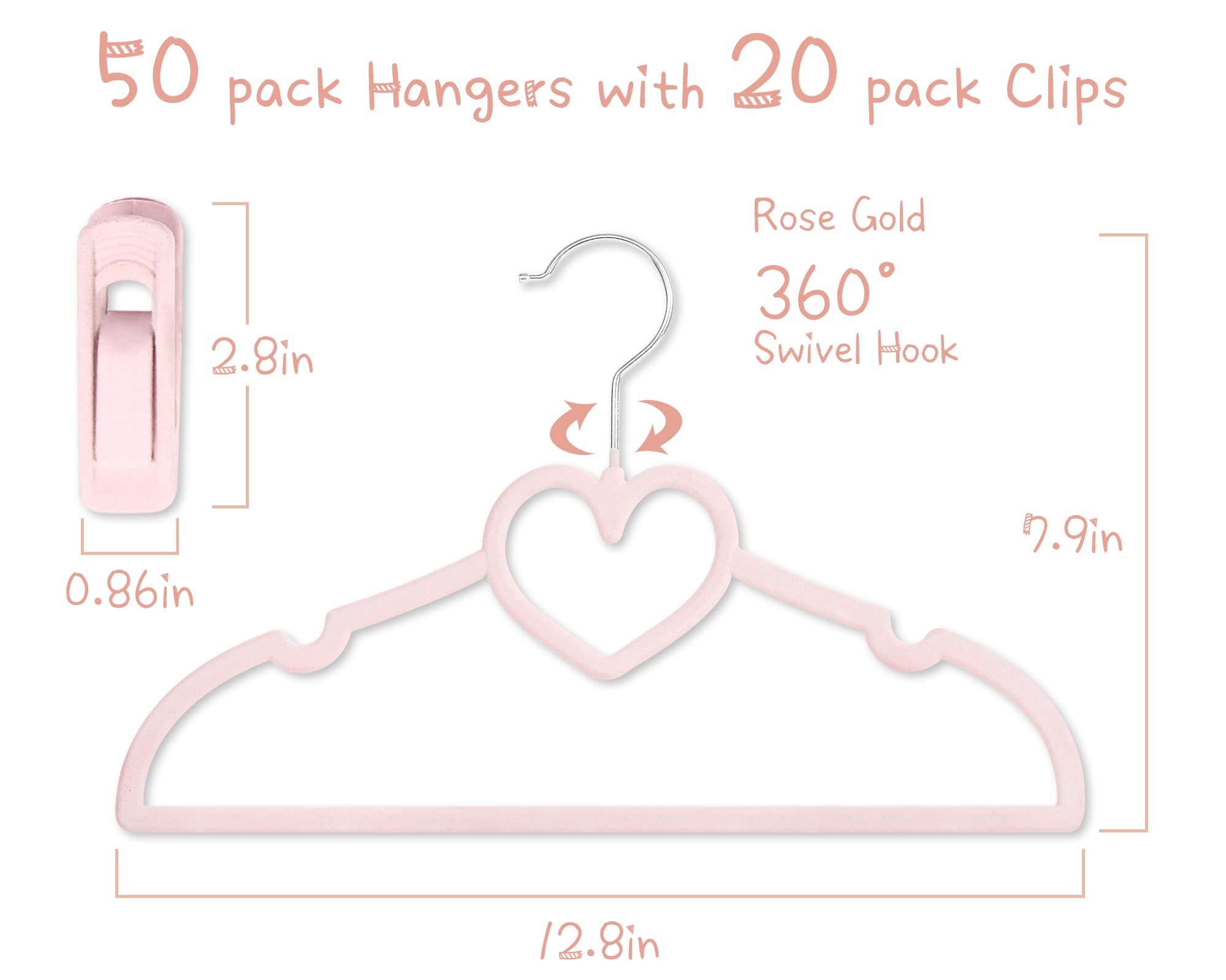 Kids Pink Velvet Clips Hangers - 13Inch 50 Pack Baby Hanger With 20Pcs Movable Clips, Stackable Non-Slip Heart Flocked Hangers F