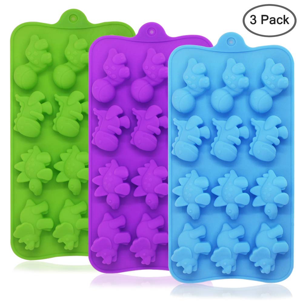 Dinosaur Chocolate Mold, Yucool 3 Pack Silicone Dinosaur Molds With 12-Cavity For Candy Chocolate Jelly, Ice Cube-Purple,Blue, G