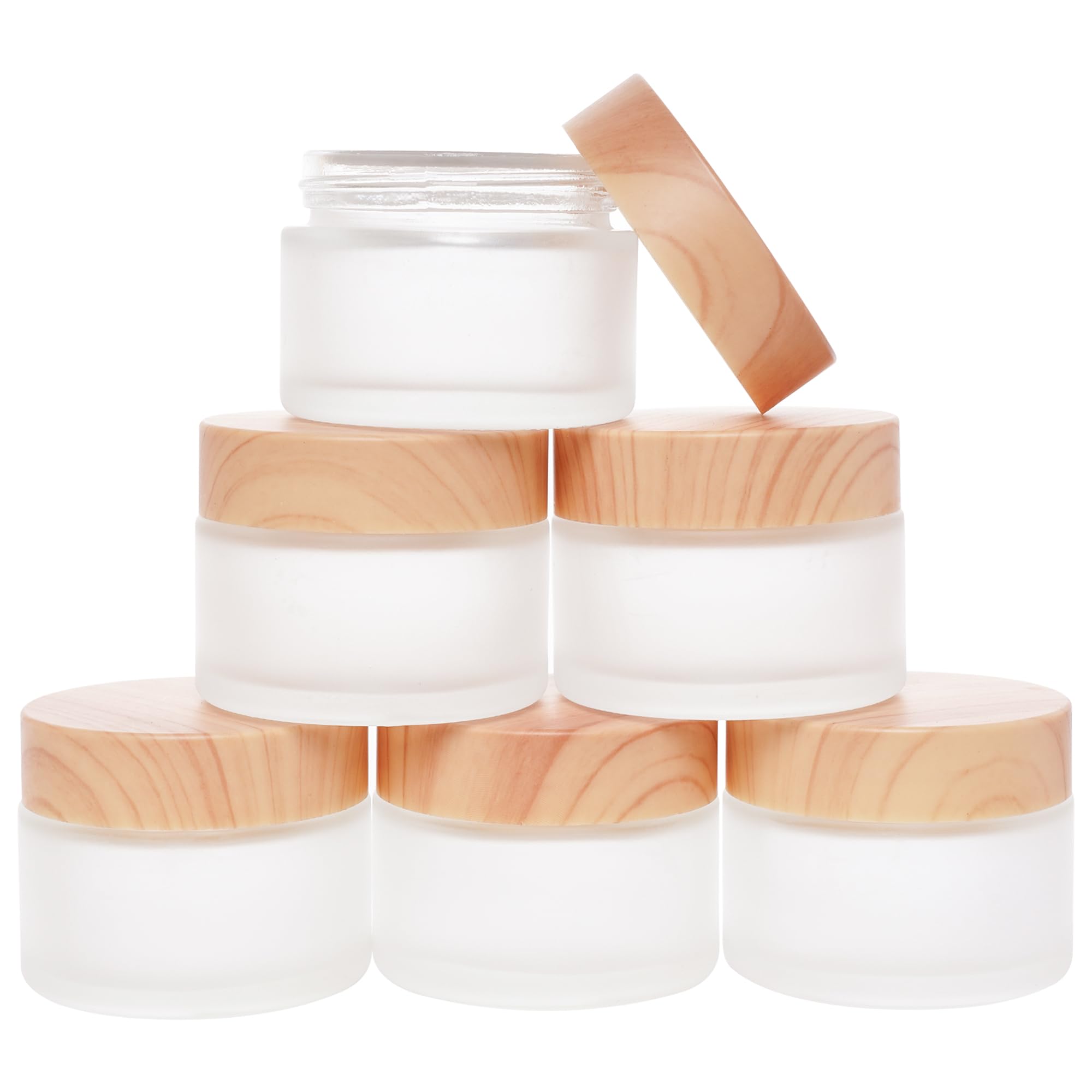 Miayon 6Pcs Glass Cosmetic Containers With Wood Grain Lid Refillable Cosmetic Jar Frosted Glass Cream Container With Leak-Proof