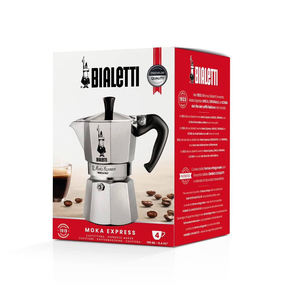 Bialetti Moka Express Export Espresso Maker, 4 Tassen,0.19 Liters, Silver