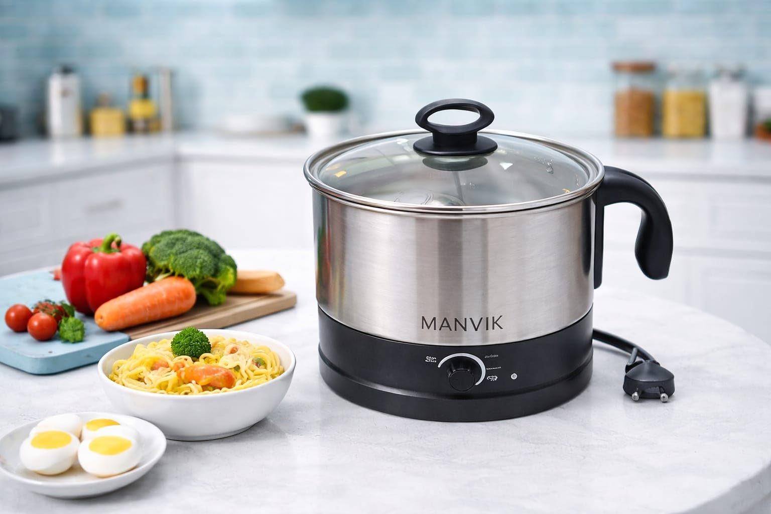 Manvik Capture 1.2 L Multi-Cook Electric Kettle With Steamer | 650W |304 Stainless Steel Inner Body|Cooks Noodles, Rice, Milk | 