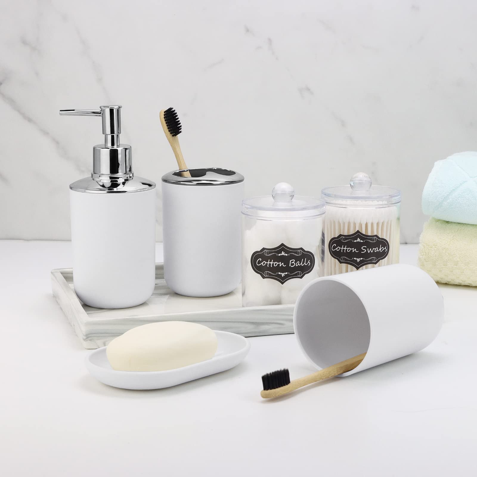 Imavo Bathroom Set - 9 Pcs White Bathroom Accessories Set With Trash Can,Tray,Soap Dispenser,Soap Dish, Toothbrush Holder,Toothb