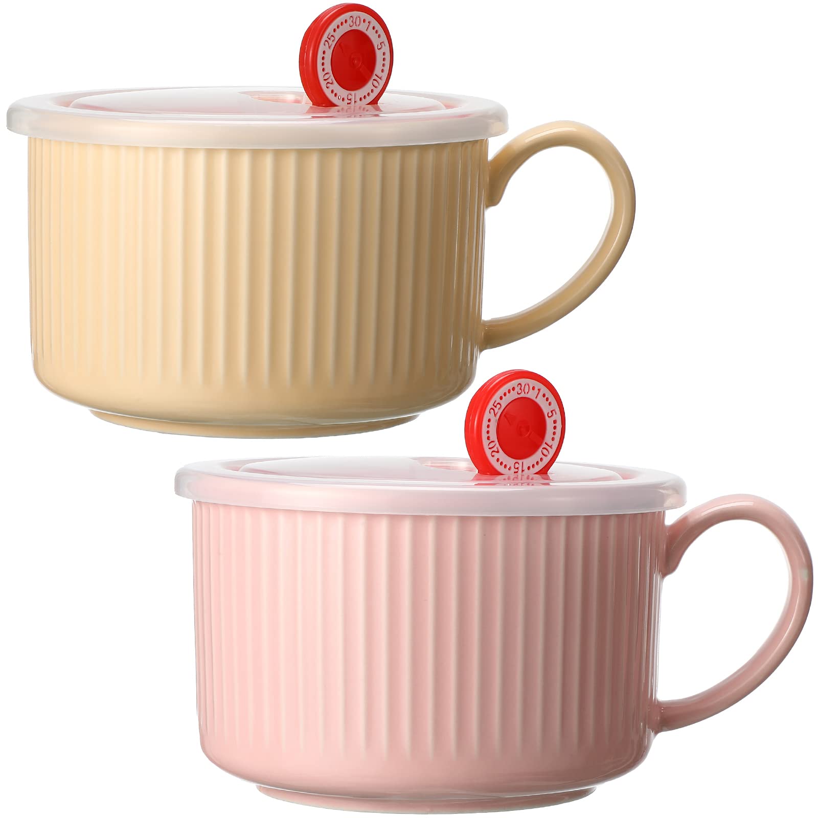 Nuenen 2 Pcs Soup Bowls with Lids Handles 30oz Ceramic,Pink, Yellow