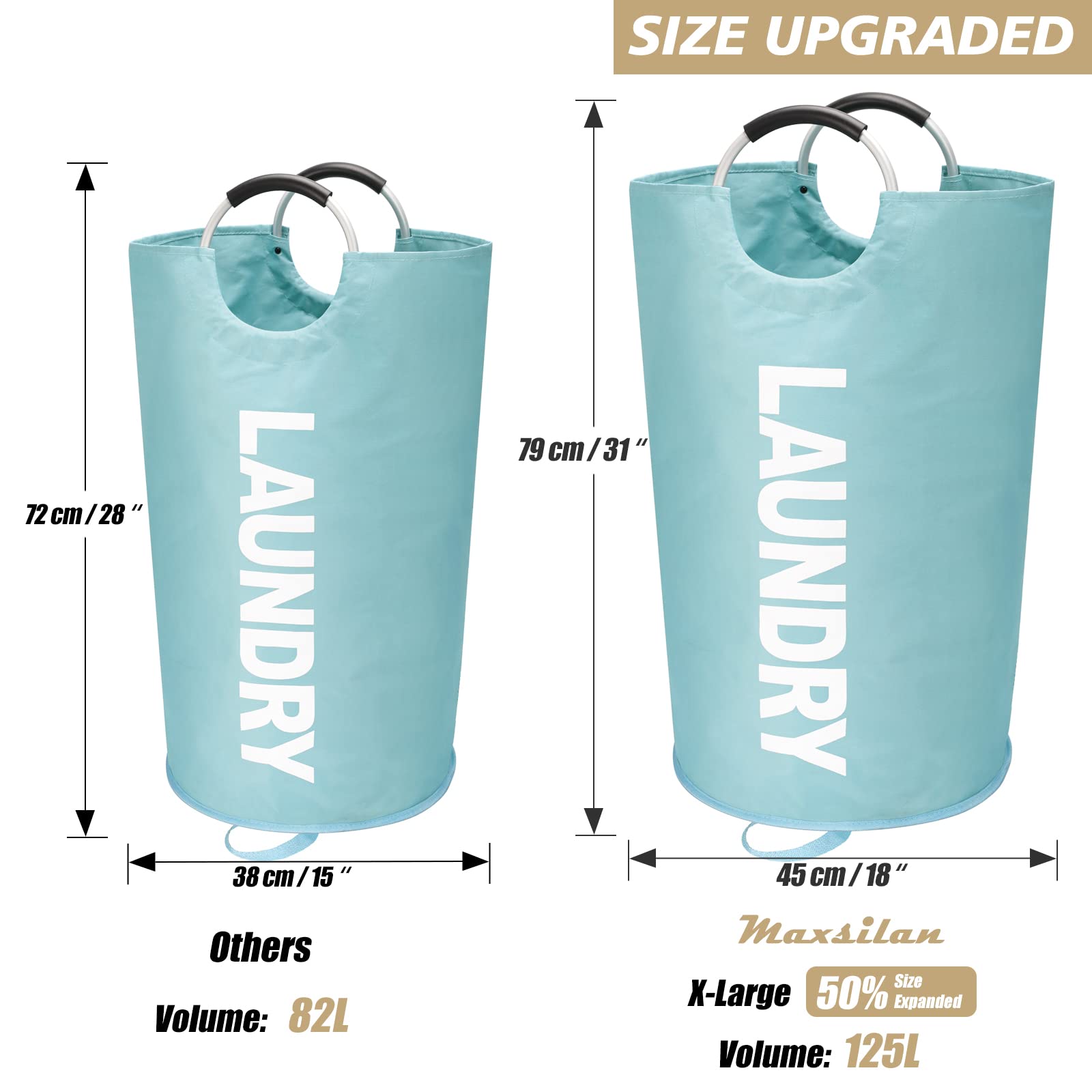 Maxsilan 125L X-Large Laundry Basket  Freestanding Tall Clothes Hamper  Collapsible Laundry Bag Waterproof with Foam Protected Aluminum Handles for College Dorm  Family Light Blue