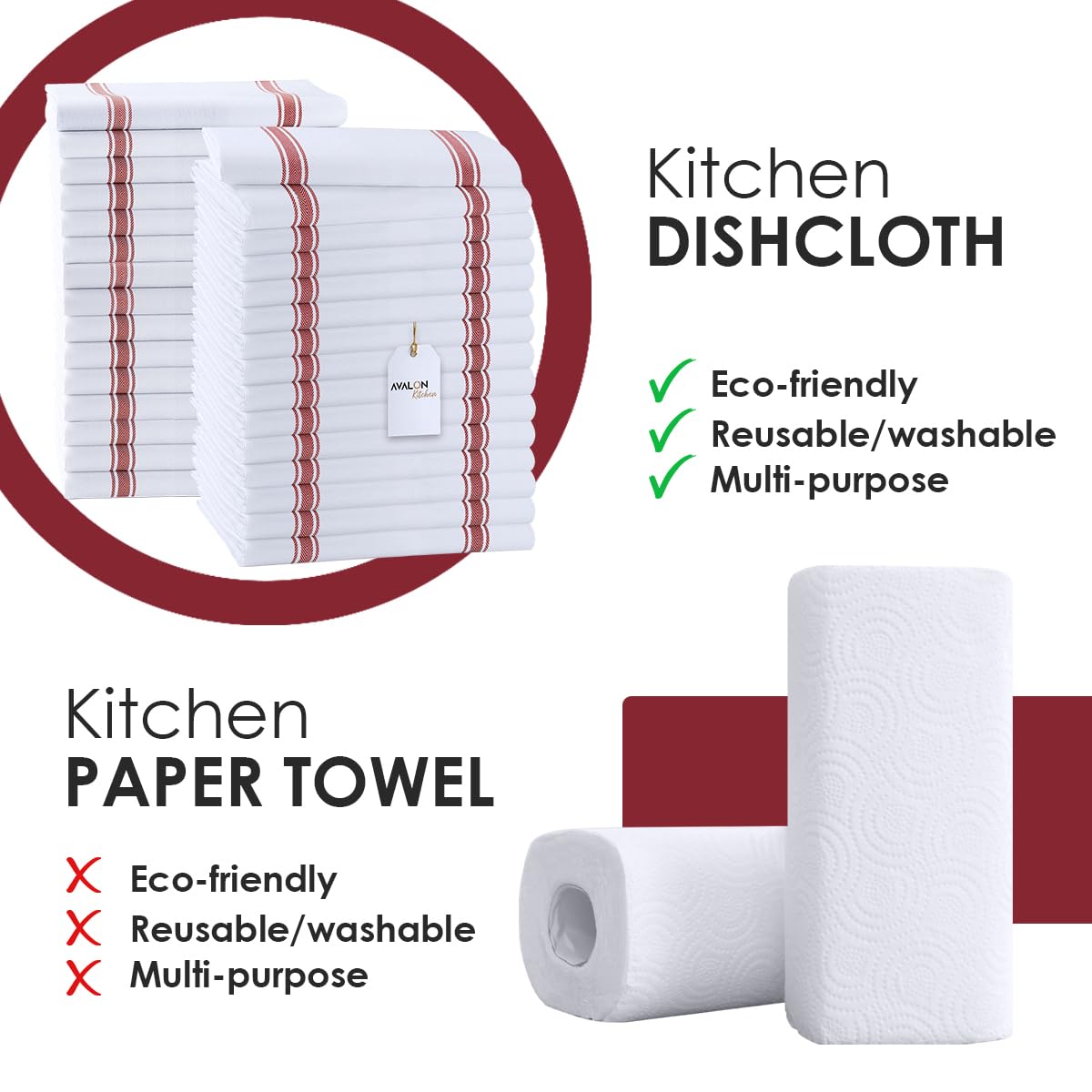Avalon Dish Towels Set (Value Pack of 30) Size 15x25 Inch  100% Cotton Soft & Absorbent Linen Kitchen Towels  Tea Towels  Reusable Cleaning Cloths for Household Cleaning (Red)