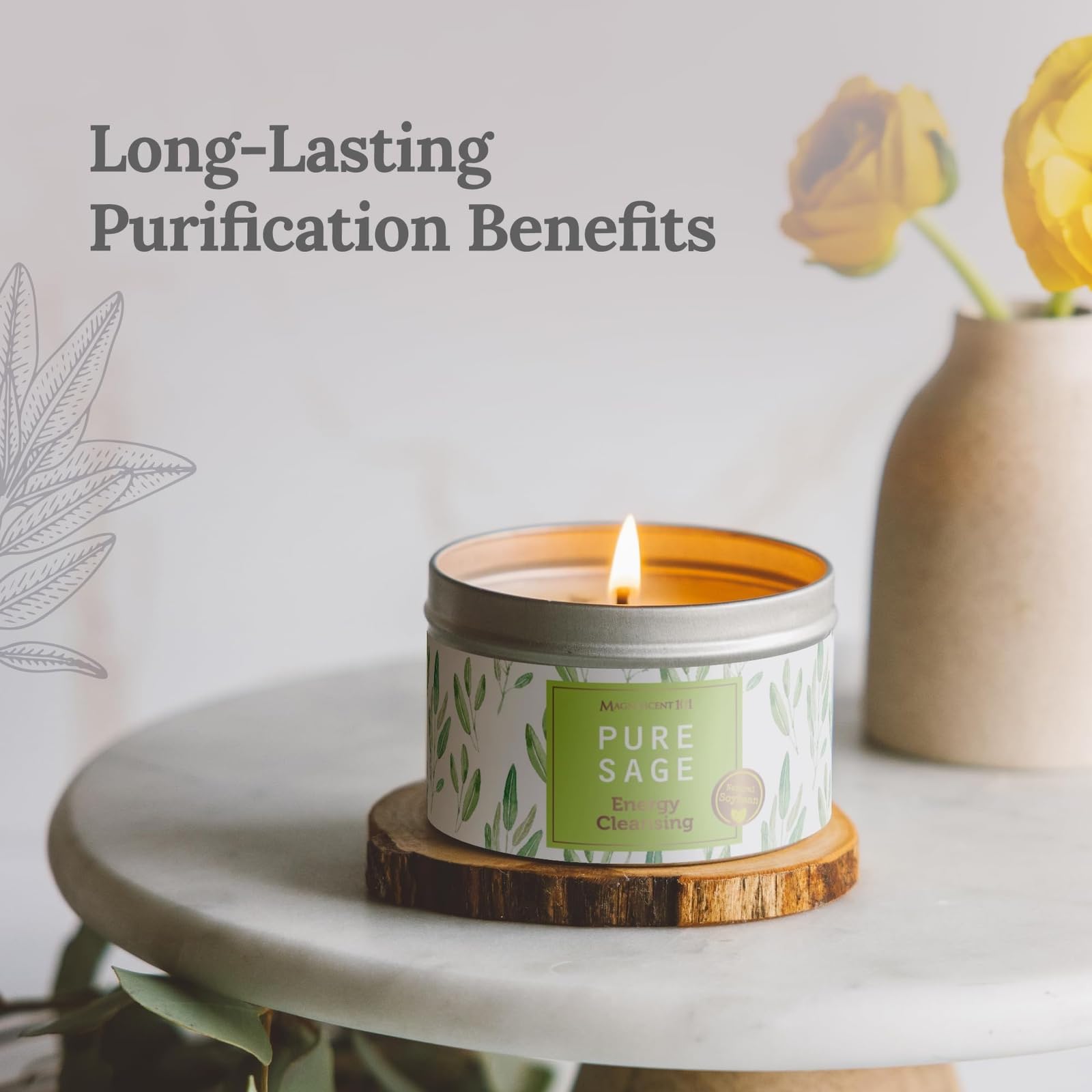 Magnificent 101 Long Lasting Pure Sage Smudge Candle  6 Oz - 35 Hour Burn Time  All Natural & Organic Soy Wax Candle with Essent