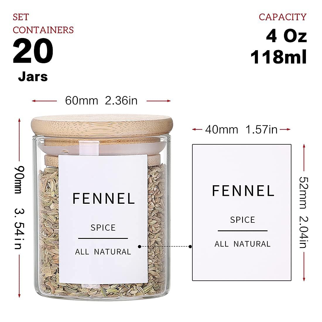 Glass Spice Jars With Bamboo Lids - 20 Pcs Thicken(2.4Mm) 4Oz Airtight Seasoning Containers With 131 Waterproof Minimalist Spice