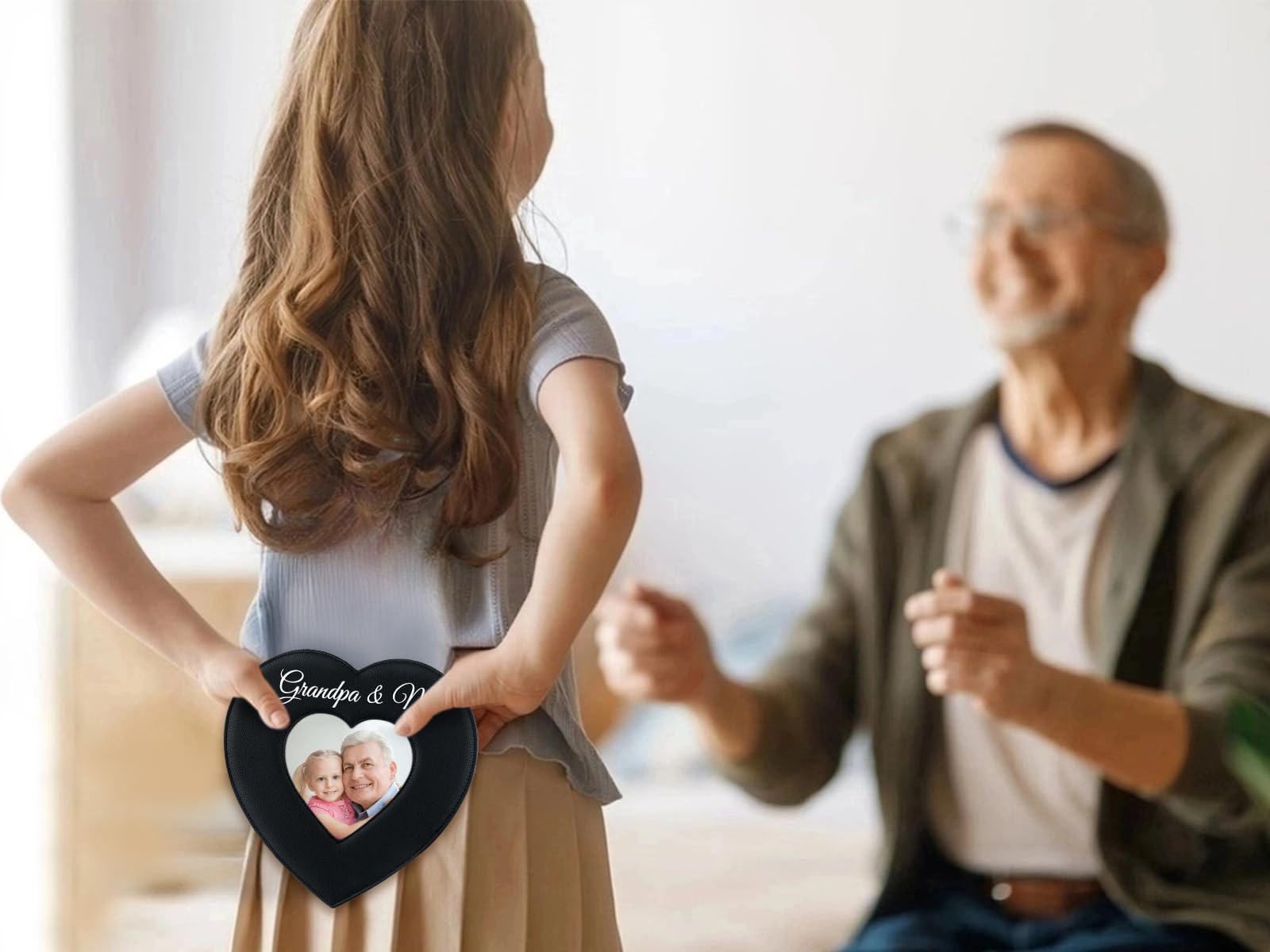 PETCEE Grandpa and Me Picture Frame- 4 x 4 Heart Christmas Keepsake Gifts for Grandpa Picture Frame Soft Leather Christmas Thank