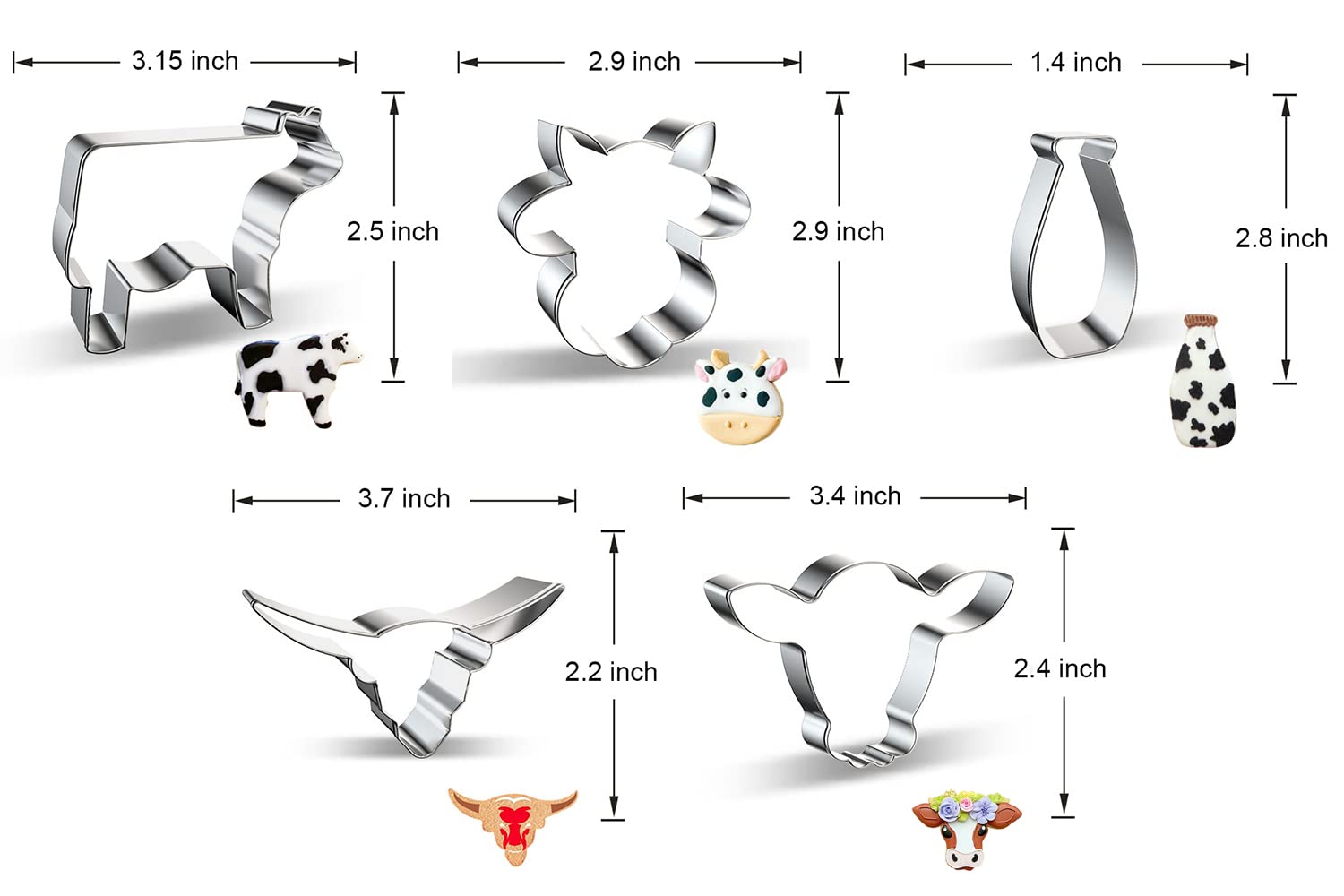 Cow Cookie Cutter Set - 5 Piece Stainless Steel Farm/Farmhouse Animal Cookie Cutters Shapes Milk Bottle, Longhorn, Bull, Cow Hea