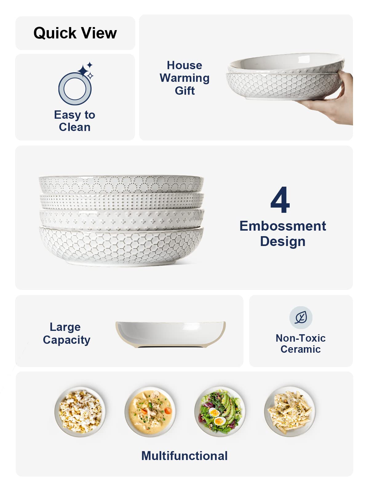 Le Tauci Pasta Bowls, 42Oz Large Salad Bowl, Serving Plate House-Warming Wedding Present, Ceramic Embossment Bowl For Fruits, No