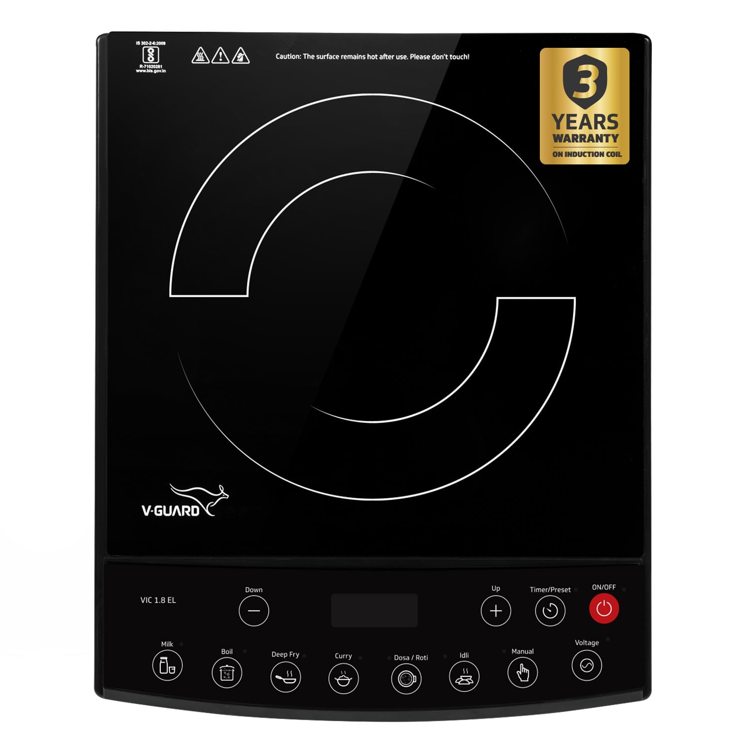 VGuard Vic 1.8 El Induction Cooktop | 1800 Watt Electric Induction Stove With 7 Power Levels | 3 Kv Surge Protection | Temperat