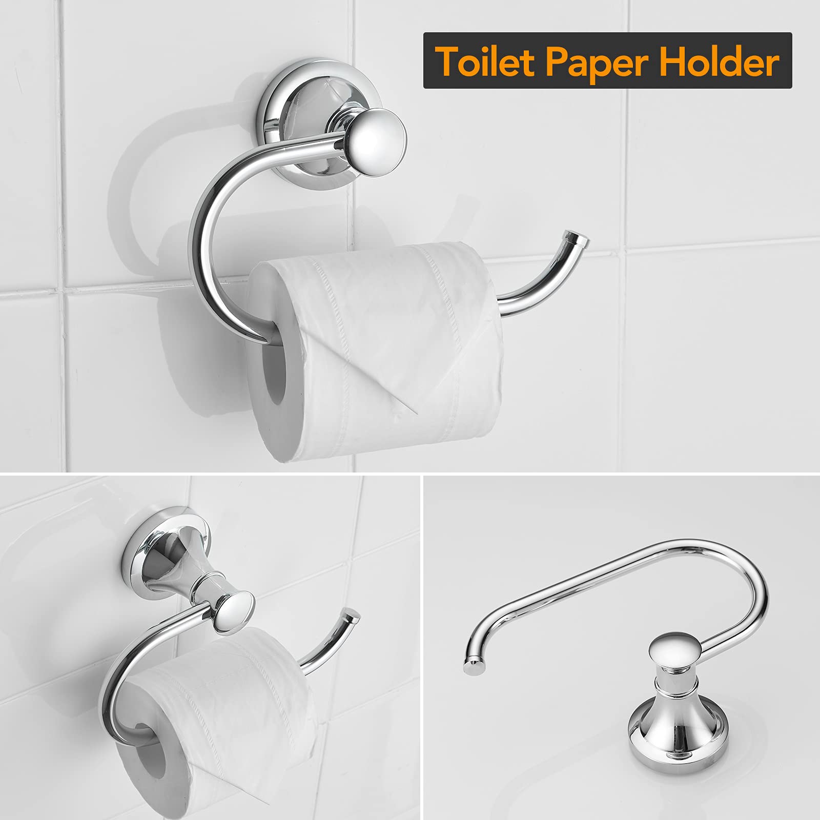 BESy Polished Chrome 4 Piece Bathroom Accessories Set (Single Towel Bar  Towel Ring  Toilet Paper Holder  Double Towel Hooks)  Wall Mounted Bath Hardware Accessory Fixtures Rack Set