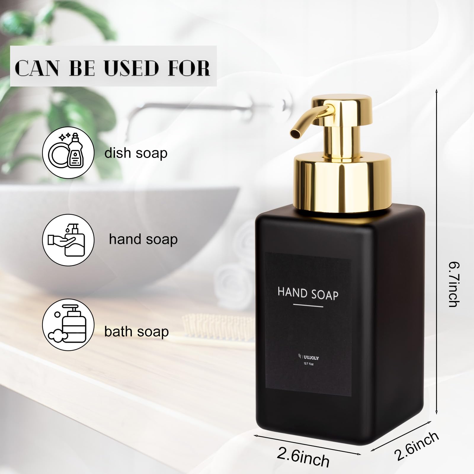 Foaming Soap Dispenser With Stainless Steel Pump, 12Oz Refillable Glass Liquid Dish Soap Bottles For Bathroom, Kitchen Sink, Hom