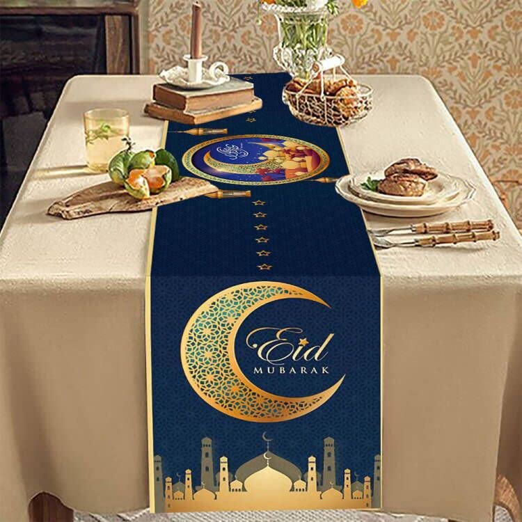 Delaimastor Eid Mubarak Table Runner Golden Star Moon Lantern Ramadan Decorations For Table Ramadan Decoration 13X70 Inches