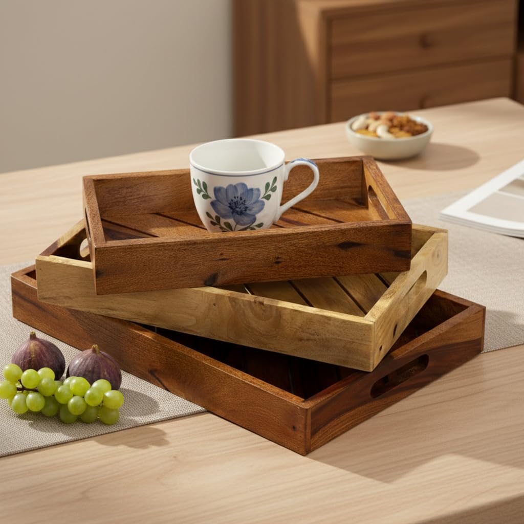 Moda Mingle Wooden Serving Trays With Handle, Brown, Set Of 3