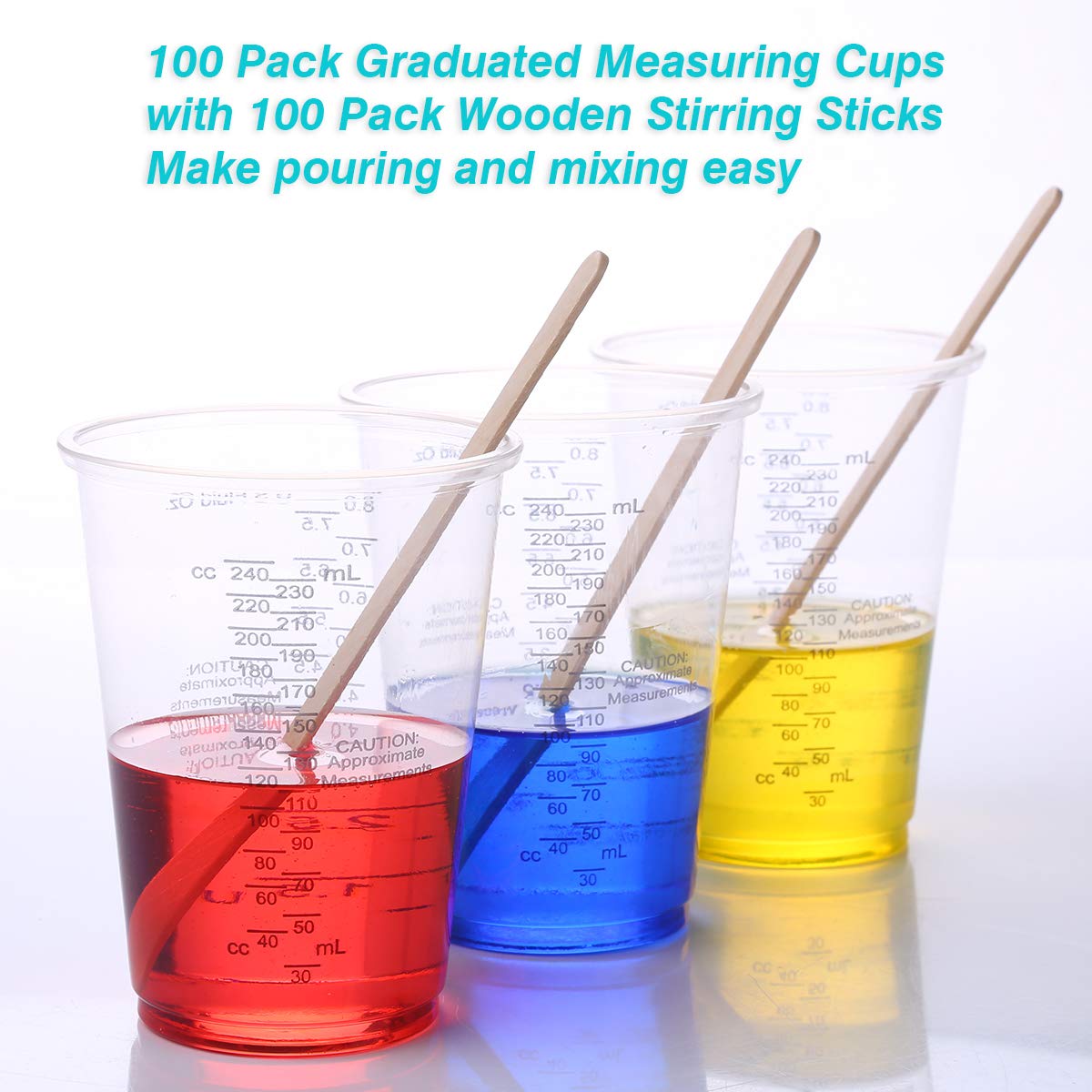 Xuxu 100Pcs 8Oz Graduated Clear Plastic Measuring Cups With 100Pcs Wooden Stirring Sticks For Mixing Paint, Pigments, Epoxy Resi