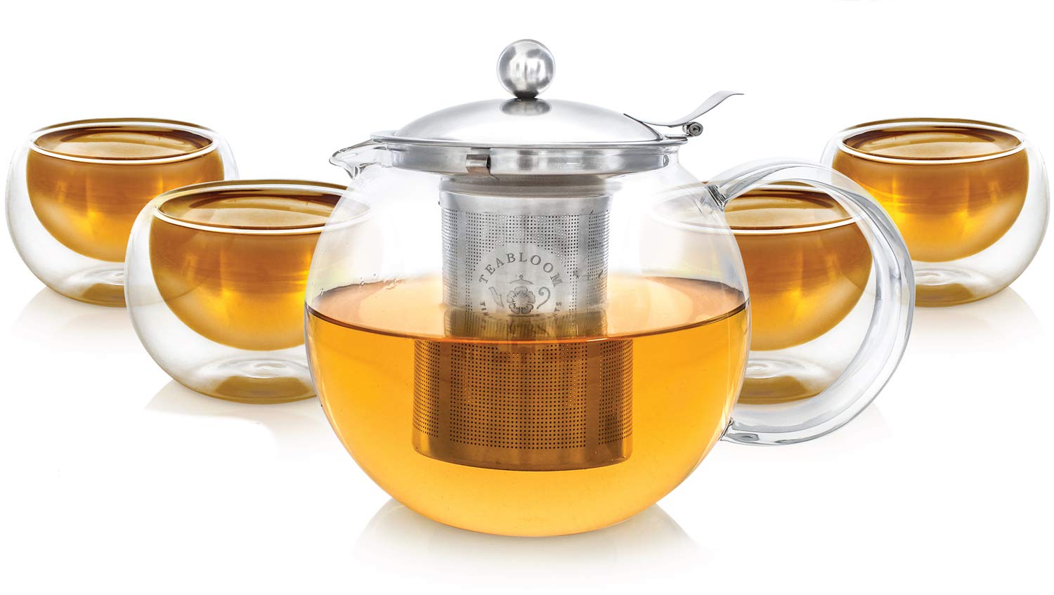 Teabloom Stovetop Safe Glass Teapot With Removable Infuser (40Oz/1200Ml) And Four Double Walled Glass Cups (5Oz/150Ml) - Classic