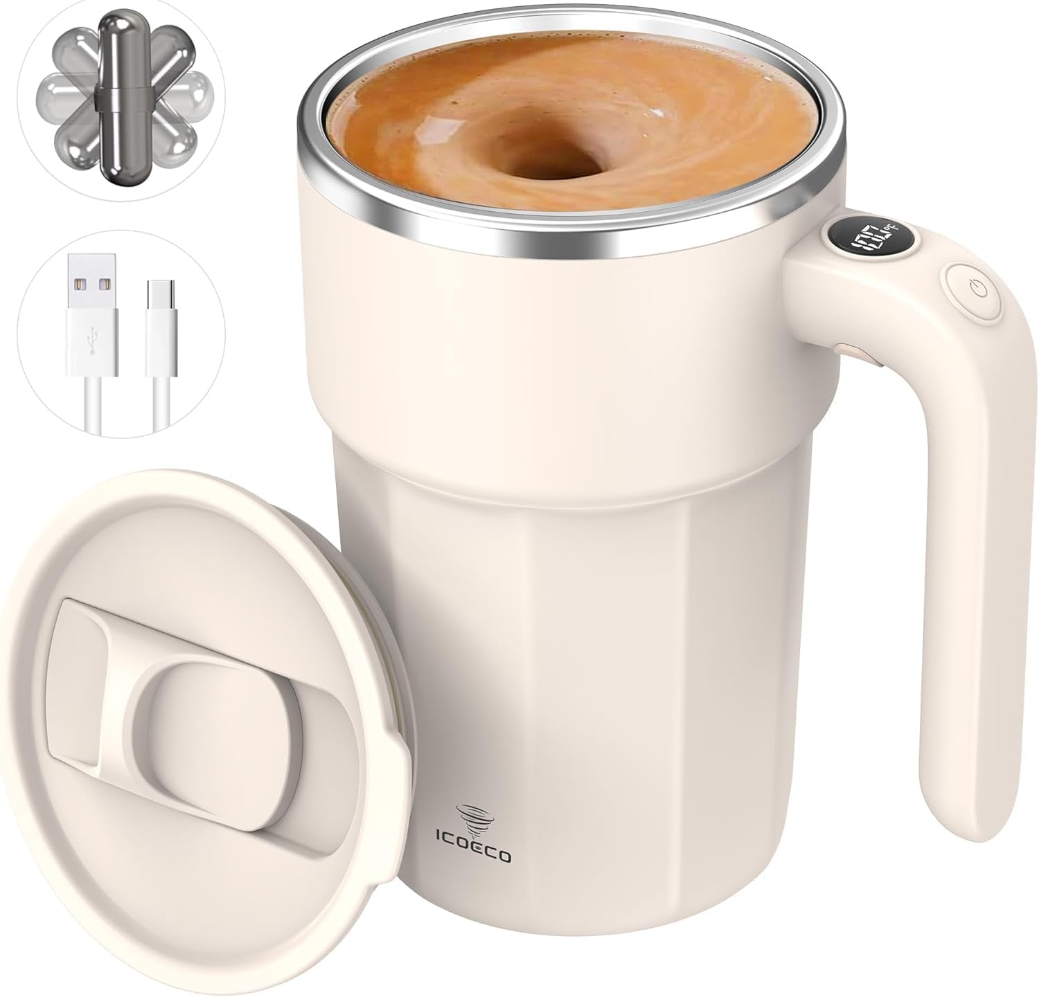 Self Stirring Coffee Mug, 12oz Rechargeable Magnetic Mixing Cup with Temperature Display, 316 Stainless Steel Electric Stirring 