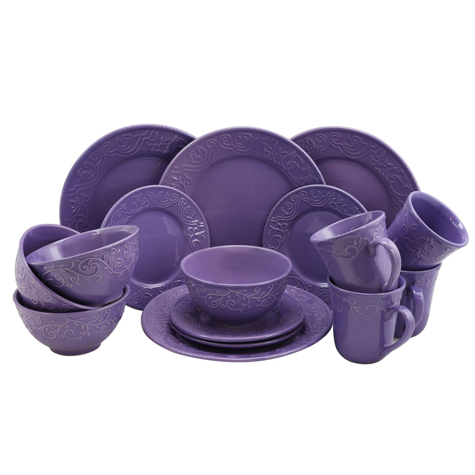 Elama Embossed Stoneware Elegant Round Dinnerware Dish Set, 16 Piece Set, Lilac Purple
