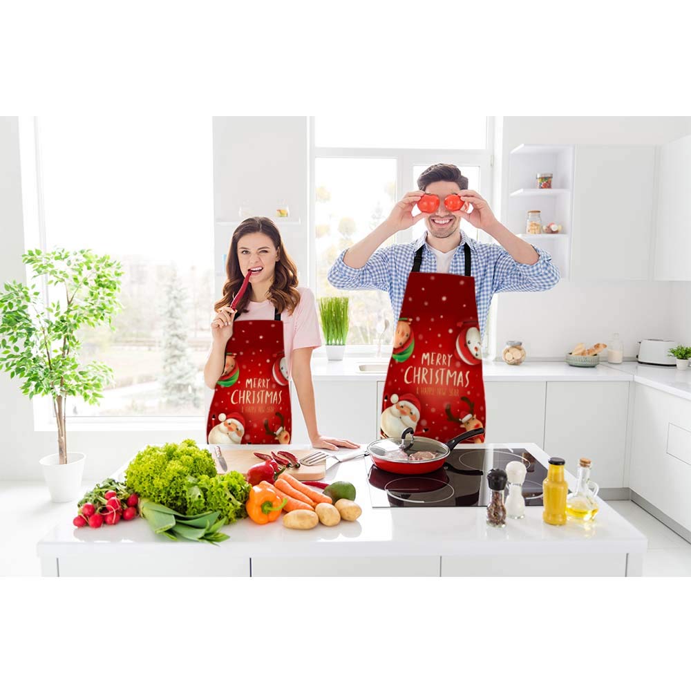 Beabes Santa Claus Snowman Reindeer Elf Snow Scene Kitchen Bib Apron Merry Christmas Cheerful Theme Polyester Adjustable Apron F