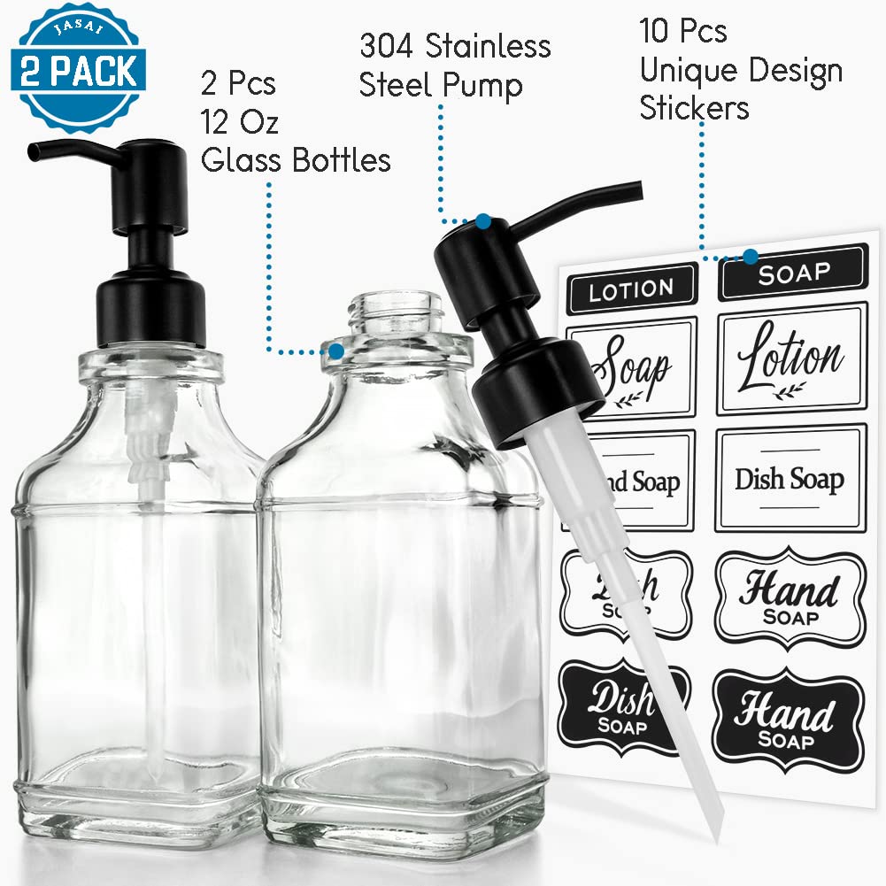 Jasai 2Pack Soap Dispenser With Rustproof Black Stain 304 Stainless Steel Pump, Stylish Hand Soap Dispenser With 10Pcs Stickers,