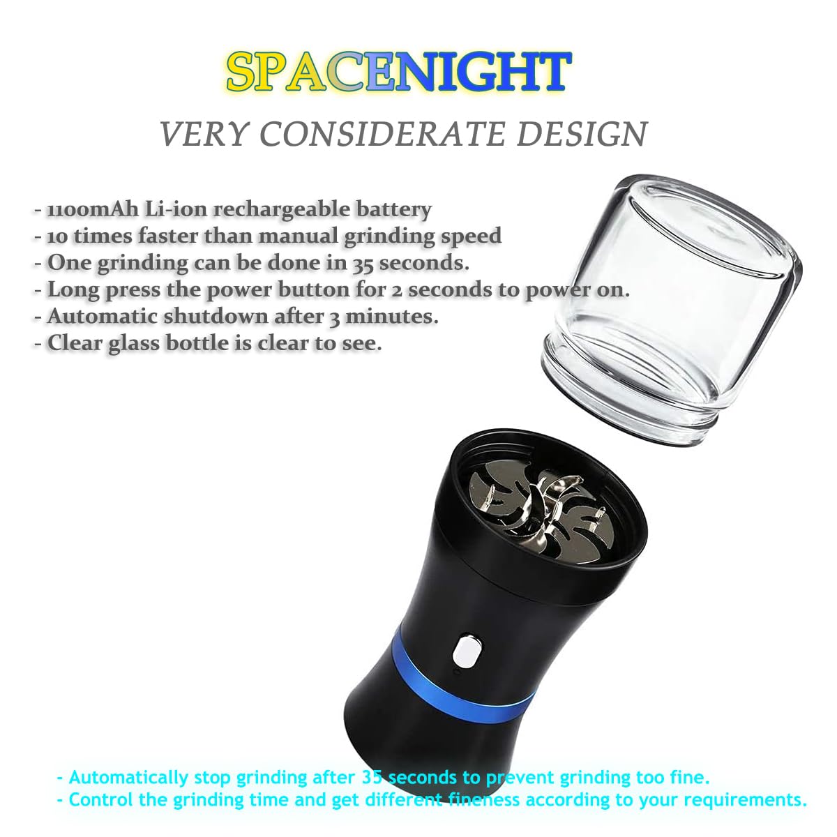 Spacenight Electric Herb Grinder Compact For Flower Buds, Usb-Rechargeable, 2Pcs 1.7Oz Glass Herb Chamber - Ideal For Everyday C