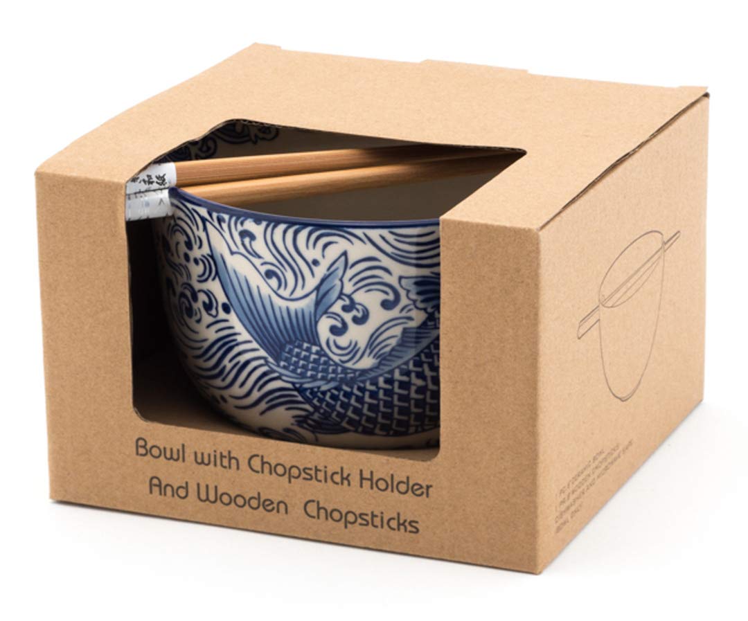 Happy Sales Large Ceramic Ramen Bowl Set with Chopsticks, 6.25"D, Blue Coi, Model HSRB-LGCOIB