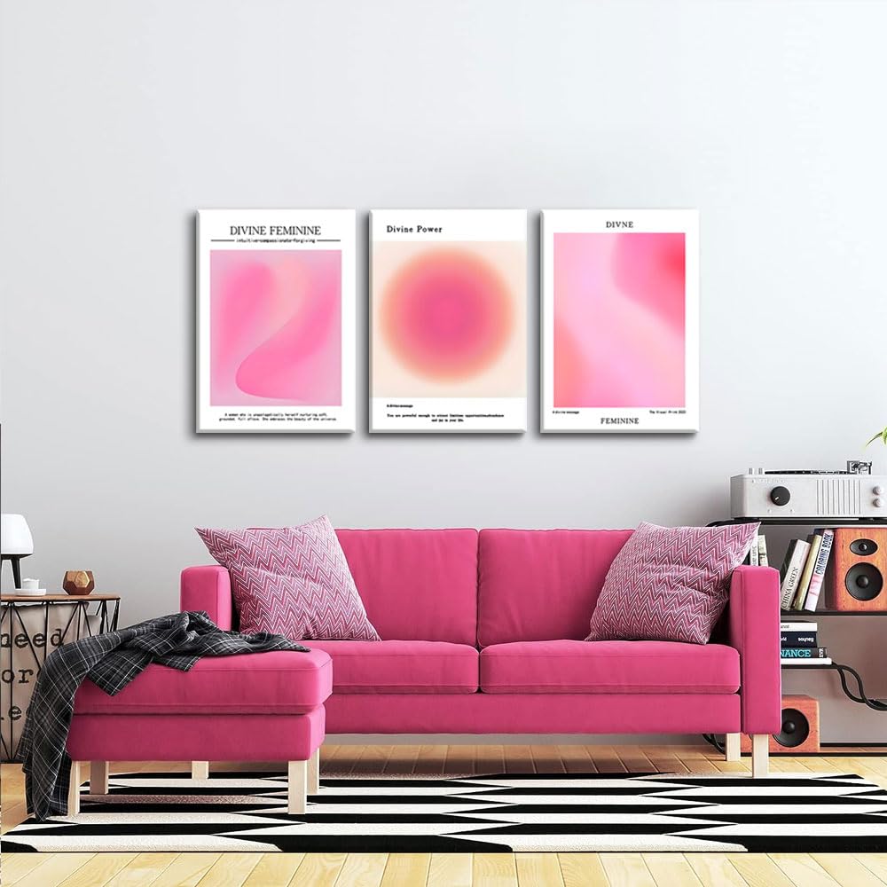 Trendy Aesthetic Canvas Wall Art Aesthetic Set Of 3 | Pink Gradient Aura Angel Posters Prints Room Decor | Pink Wall Art Decor F