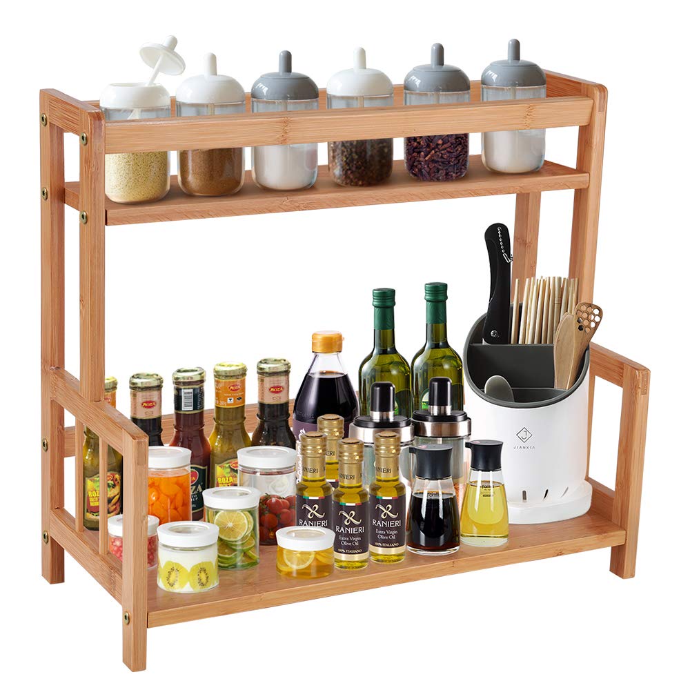 COOGOU Kitchen Countertop Organizer Bamboo Spice Rack - Coffee Station Organizer Countertop Shelf 2 Tier Storage Stand, Vintage