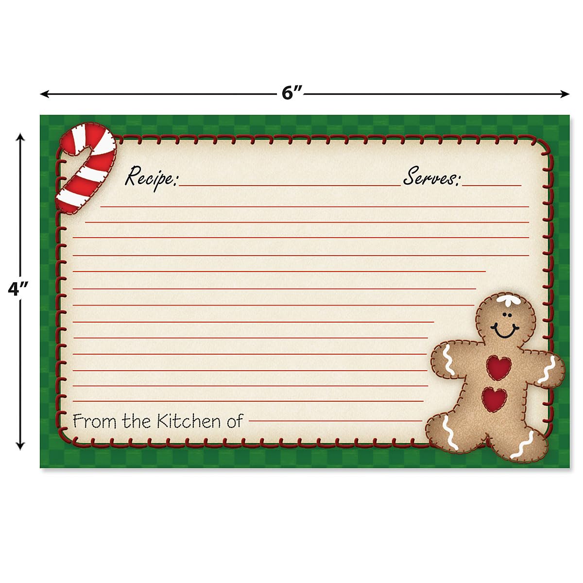 Gingerbread Man Christmas Recipe Cards  4x6 Inch  Set of 48 uncoated Blank Recipe Cards  Large Index Card Fits Standard Recipe Box   Single-Sided