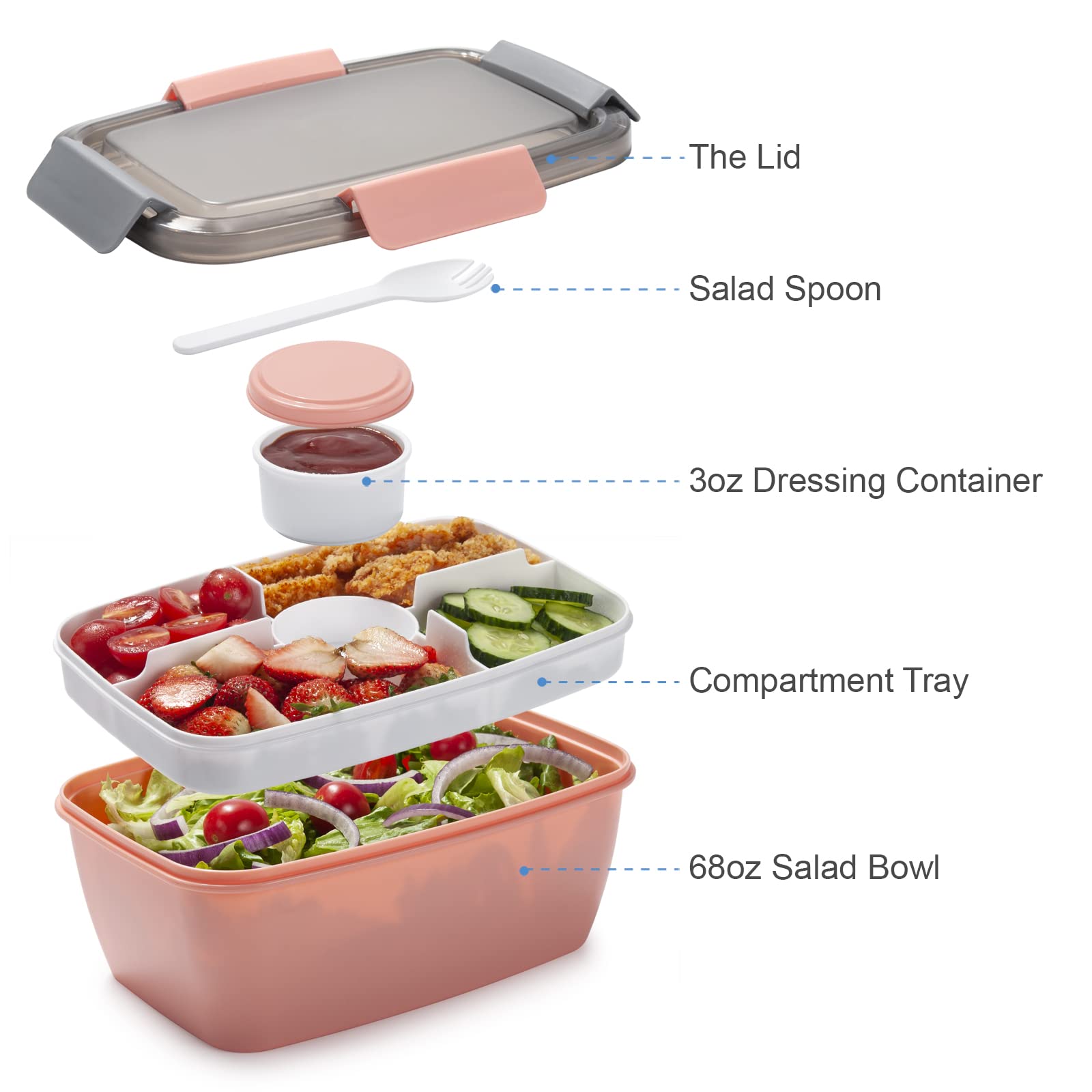 Freshmage Salad Lunch Container To Go, 68-Oz Salad Bowls With 4 Compartments, Salad Dressings Container For Salad Toppings, Snac