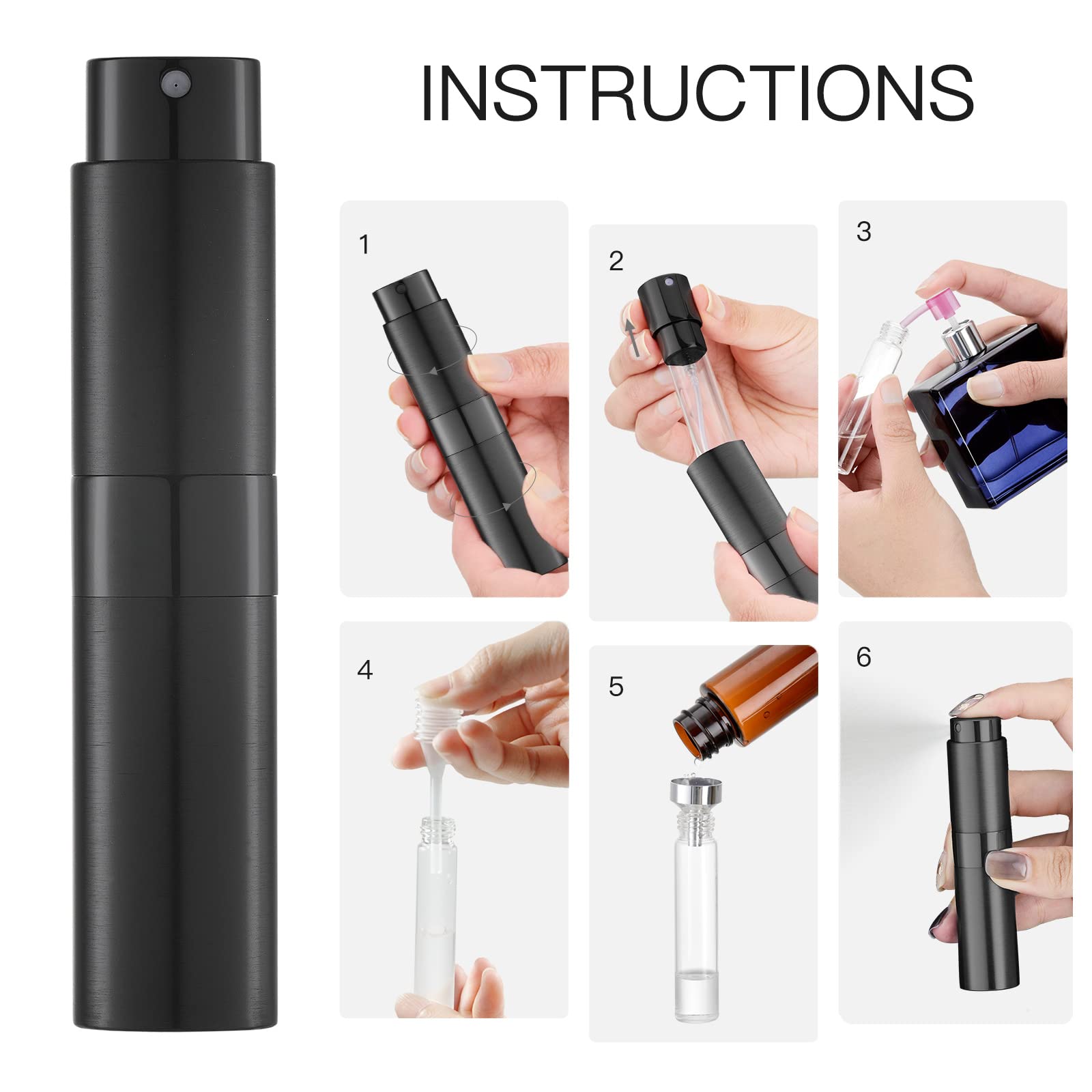 LISAPACK Brushed Atomizer Perfume Spray Bottle - 8ML, Refillable, Portable, Aluminum, Black