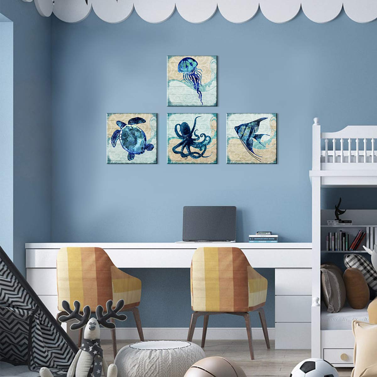 Navy Blue Beach Themed Fish Sea Turtle Jellyfish Octopus Wall Art Bathroom Decor Ocean Nursery Picture Canvas Kids Boho Under Th