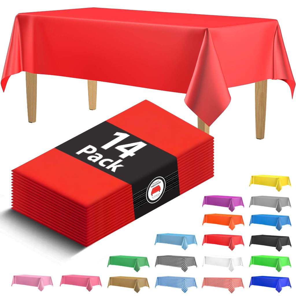 14 Pack Premium Red Plastic Tablecloth - 54 X 108 In. Disposable Rectangle Plastic Table Cloth - Decorative Rectangle Table Cove