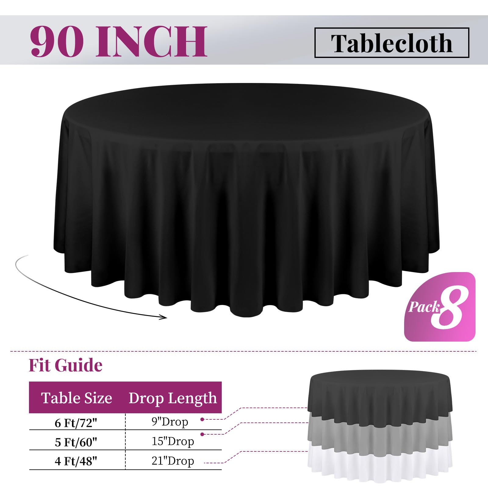 Fani 8 Pack Round Polyester Tablecloth - 90 Inch, Black Table Cloth For Round Table, Stain And Wrinkle Resistant Washable Circul