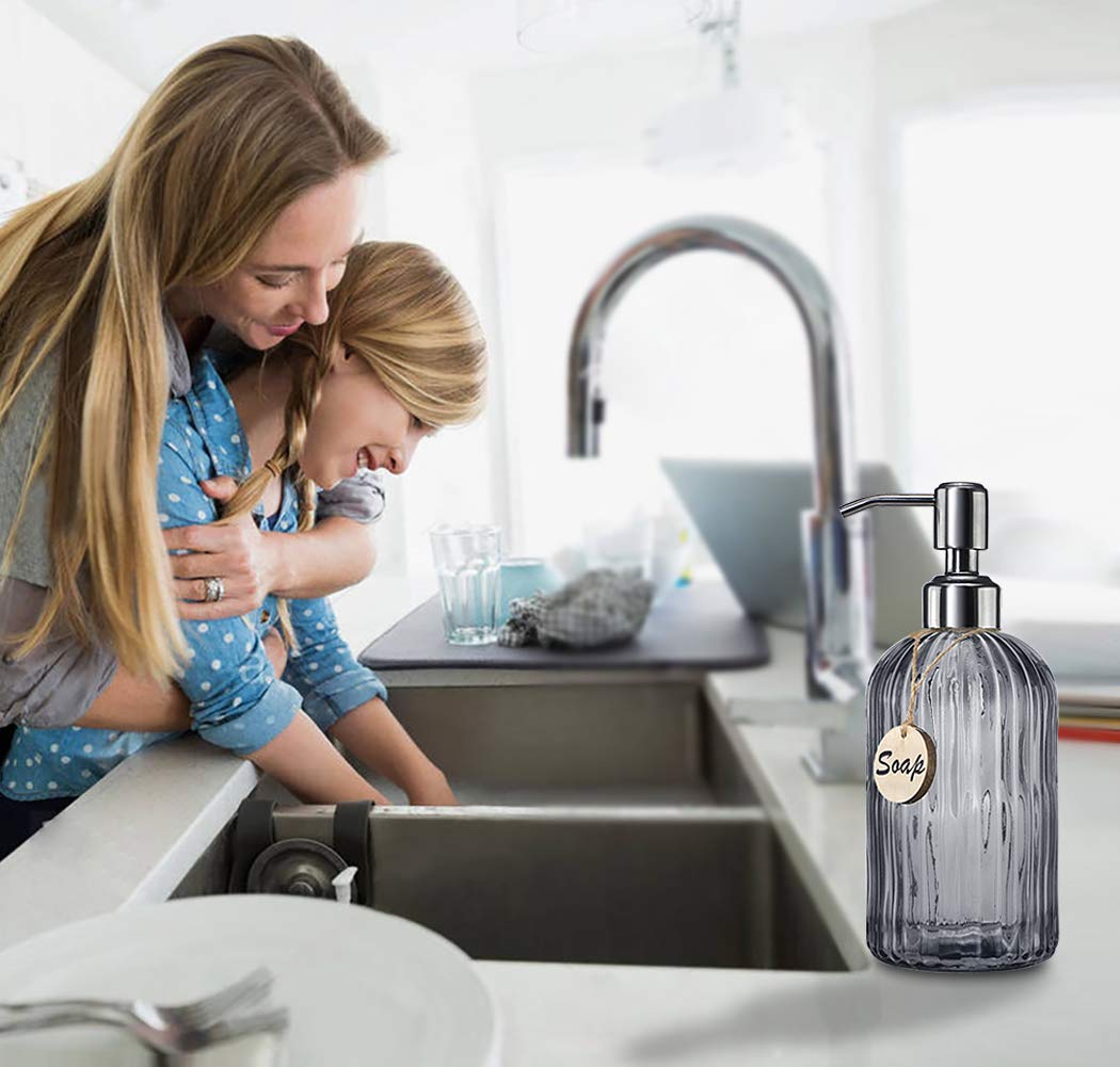 JASAI 18 Oz Vertical Stripes Kitchen Soap Dispenser with 304 Rust Proof Stainless Steel Pump  Refillable Liquid Soap Dispenser for Bathroom  Kitchen  Hand Soap  Dish Soap (Clear Grey)