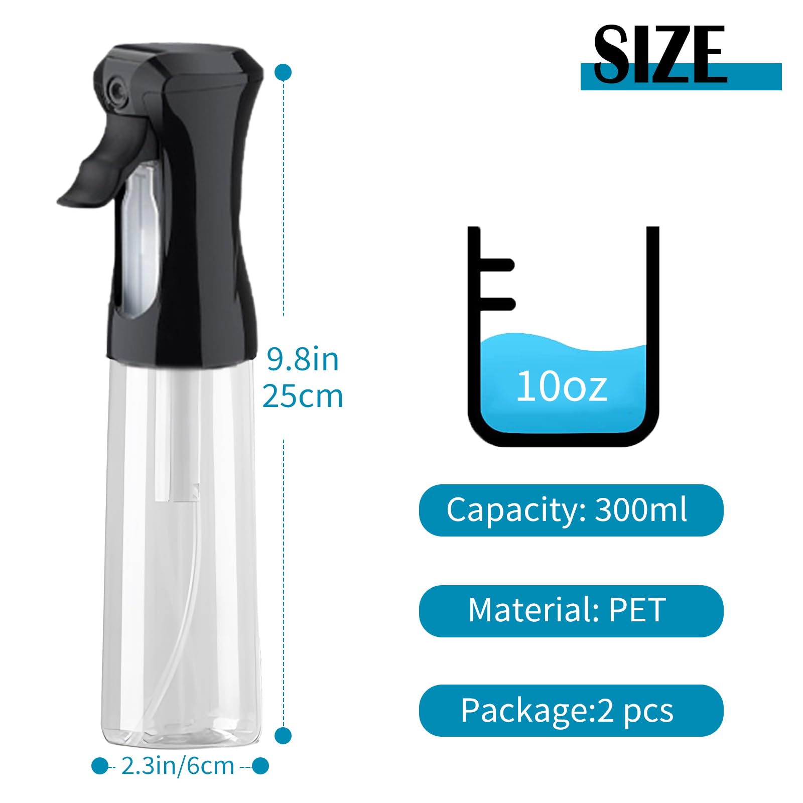 Thinton Mist Spray Bottle For Hair (10Oz/300Ml) - 2 Pcs Continuous Spray Bottle For Salons Cleaning Plants Gardening