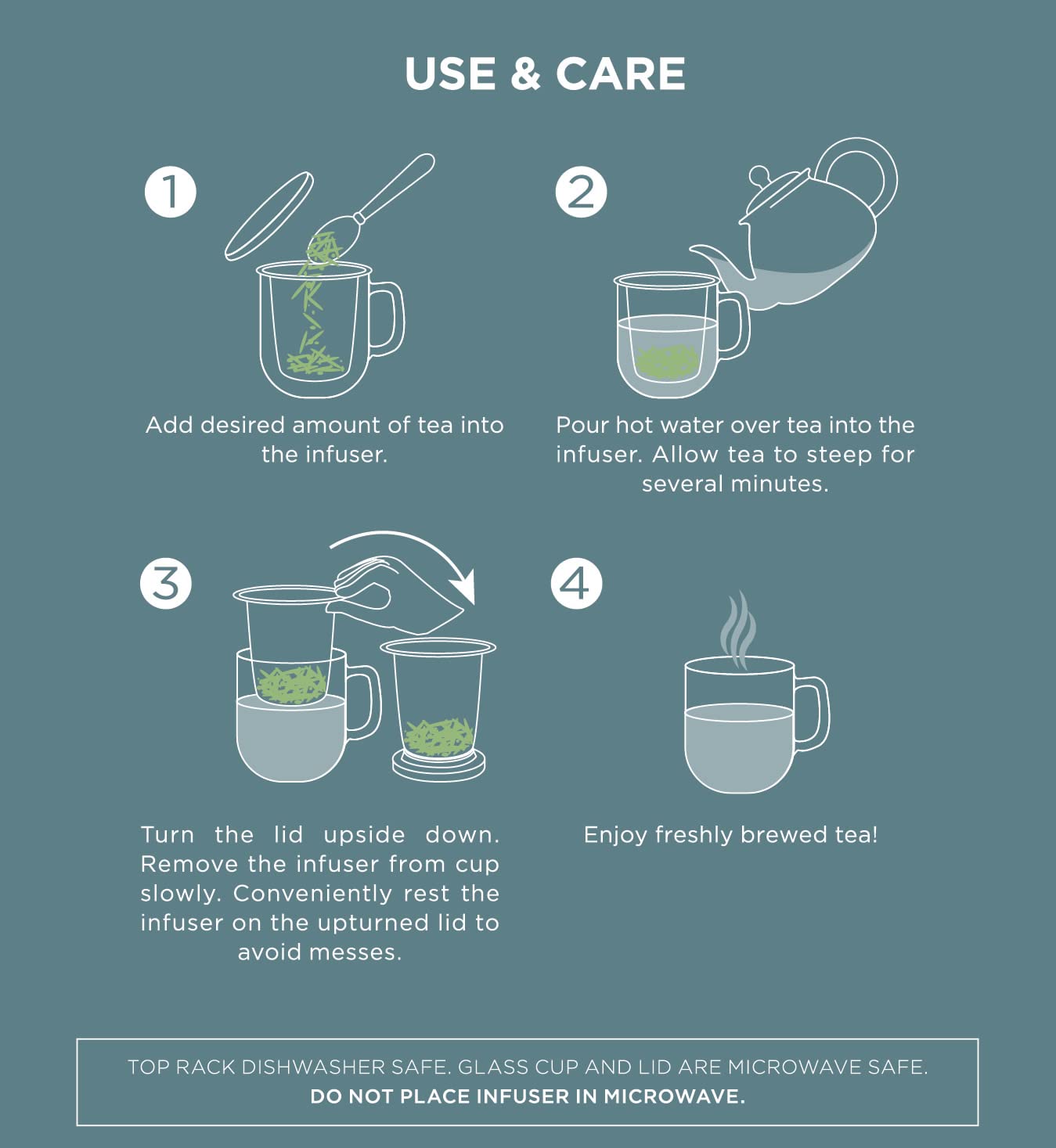 Teabloom Tea-For-One Steeping Mug - Insulated Double Wall Glass Mug (12 Oz), Stainless Steel Infuser, Porcelain Lid/Coaster - Ra
