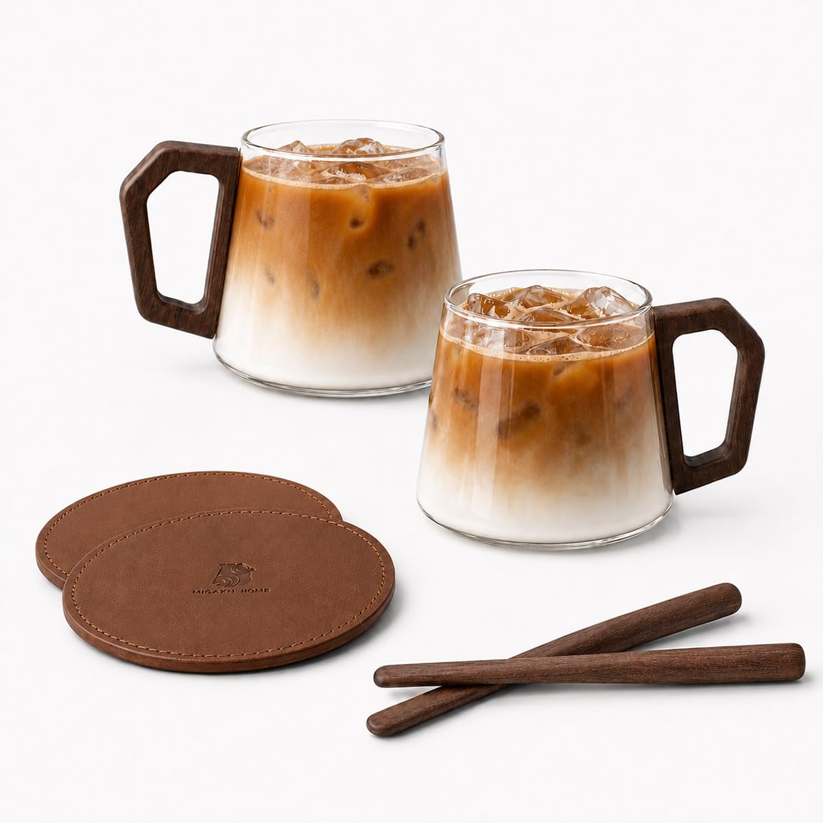 MIGAKU HOME 12 oz Glass Coffee Cups Set of 2, Cappuccino Cup Set with PU leather Coasters and Black Walnut Stirrers, 350ml Clear